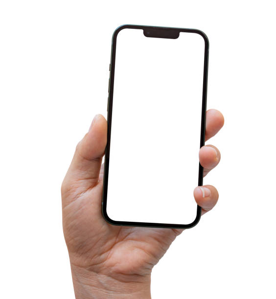 istock Smartphone mockup on white background. Hand holding mobile phone with empty screen. for advertising online. 1550449702