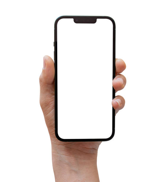 istock Smartphone mockup on white background. Hand holding mobile phone with empty screen. for advertising online. 1550449705