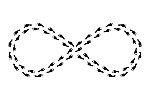 Infinity sign of men footprints. Endless search for a solution. Go in circle. Vector illustration. stock image. EPS 10.