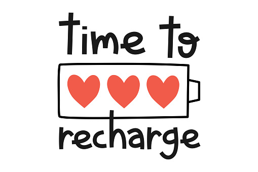 Hand drawn cute illustration of battery with heart inside. Flat vector time to recharge  lettering phrase in doodle style. Mental health, self love sticker, icon. Isolated on white background.