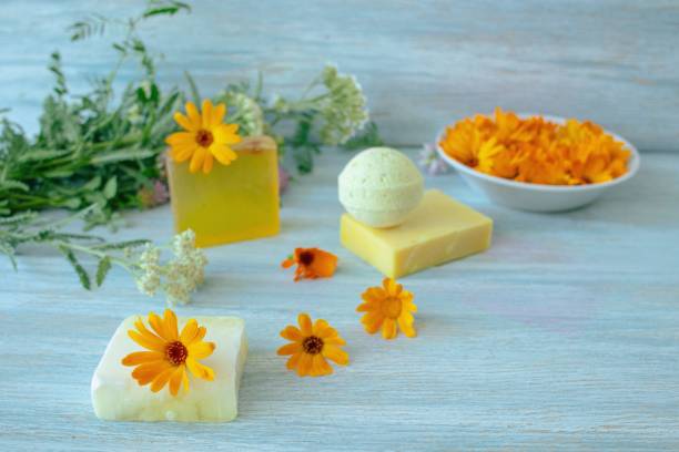 istock Soap with calendula, fresh flowers and useful plants 1550468012