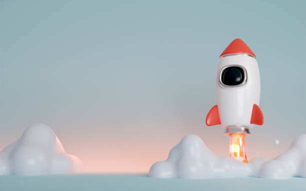 istock 3d rocket flying in space. Spaceship rocket lunch on gray background. banner, 3d render illustration. 1550471750