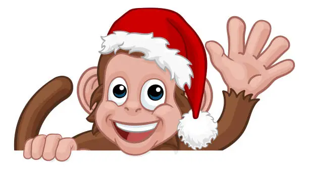 Vector illustration of Christmas Monkey Cartoon Character in Santa Hat