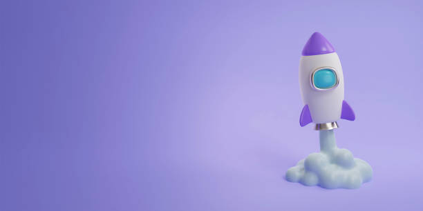 istock 3d rocket flying in space. Spaceship rocket lunch on purple background. banner, 3d render illustration. 1550473884