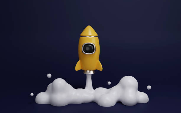 istock 3d rocket flying in space. Spaceship rocket lunch on dark background. banner, 3d render illustration. 1550479577