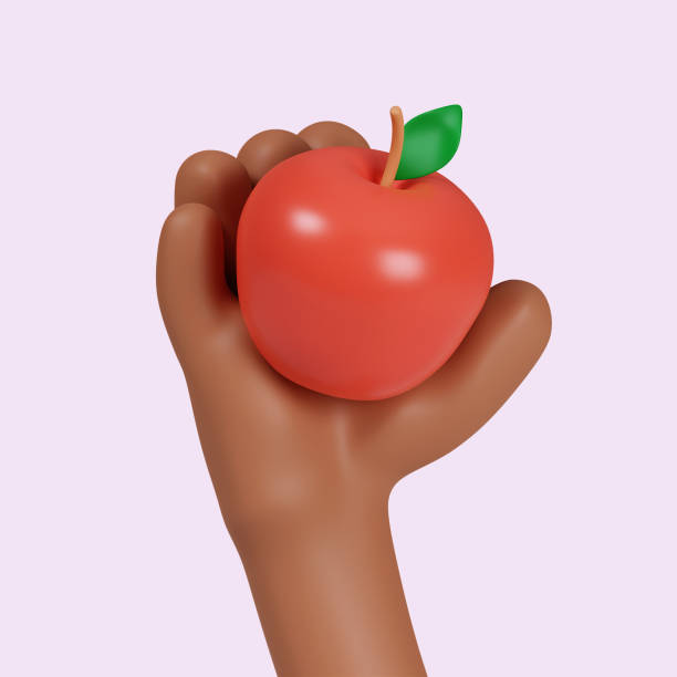 istock 3d hand holding red apple. icon isolated on pink background. 3d rendering illustration. Clipping path. 1550482002