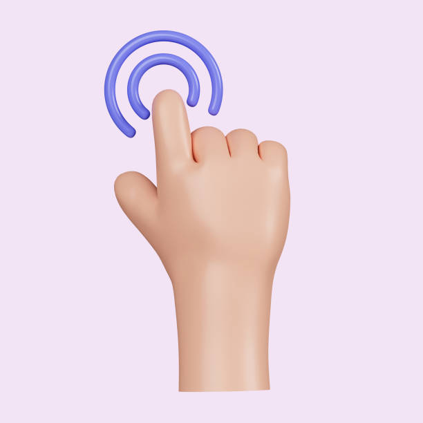istock 3d Computer cursor with hand and click. Diverse man arms with fingers press button, pointing or touch fingerprint scan. icon isolated on yellow background. 3d rendering illustration. Clipping path. 1550483083