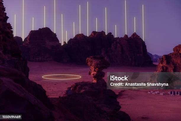 Geometric Neon Yellow Light Installation In Wadi Rum Desert Jordan Stock Photo - Download Image Now