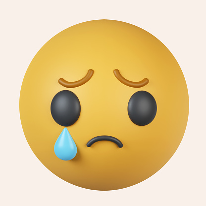 3d Sad Crying Emoticon. Render Cry Emoji with Tear. Unhappy Face. Communication, Web, Social Network Media. icon isolated on gray background. 3d rendering illustration. Clipping path..