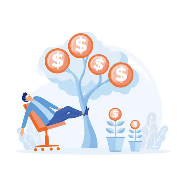 Vector illustration of businessman and passive income, money tree, flat vector modern illustration