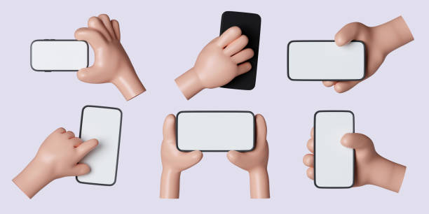 istock 3d hand hold phone set. icon isolated on gray background. 3d rendering illustration. Clipping path. 1550505669