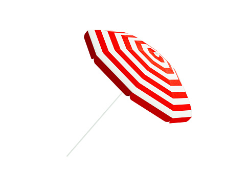 Red and white striped parasol on white background. Horizontal composition with clipping path and copy space.