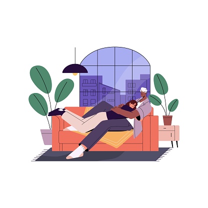 Love couple relaxing on couch at home. Happy man and woman family resting together, hugging, embracing on sofa in cozy apartment in evening. Flat vector illustration isolated on white background.