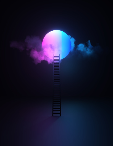 Ultraviolet moon clouds and ladder. Vertical composition with copy space. Ladder of success concept.