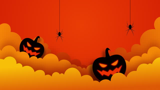 Halloween pumpkin and clouds with hanging spiders