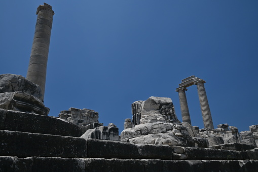 A view of the impressive ruins of the Greek Temple of Apollo in the town of Didim in Turkey.