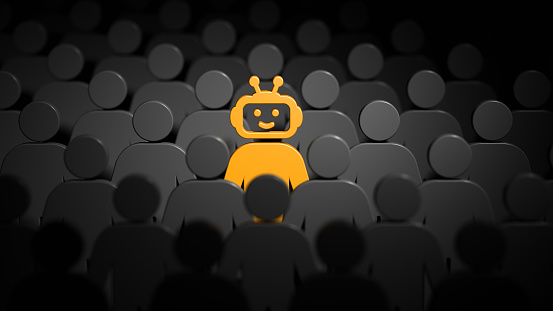 Chatbot on the crowd people background. Artificial intelligence helps people. 3d Illustration