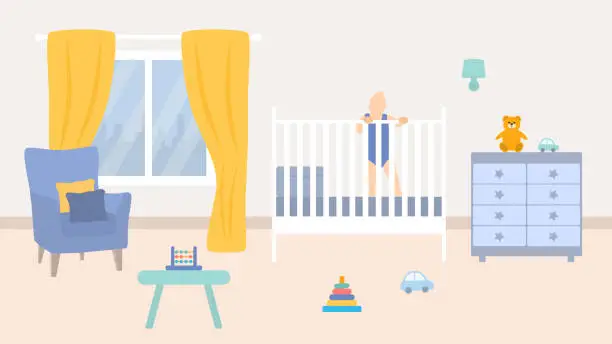 Vector illustration of Baby Standing In The Crib. Baby Room Interior With Baby Crib, Armchair, Dresser And Toys