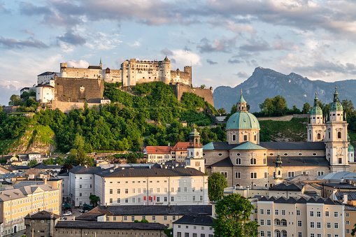 Beautiful view of Salzburg skyline with Festung Hohensalzburg and Salzach river in summer, Salzburg, Salzburger Land, Austria.