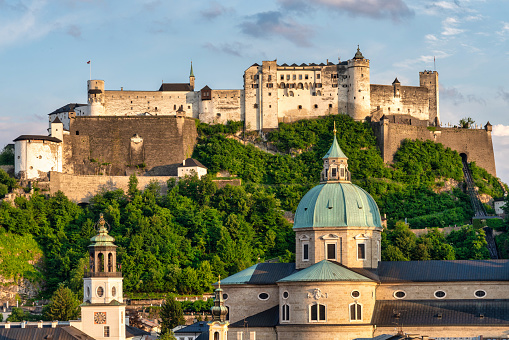 Salzburg, Austria: July 17, 2023 - The mesmerizing cityscape of Salzburg. This photo shows the Salzburg Castle overlooking the city. Photo taken during a warm summer evening.