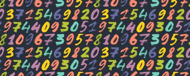 Vector illustration of Multi colored brush drawn bold numbers seamless pattern.