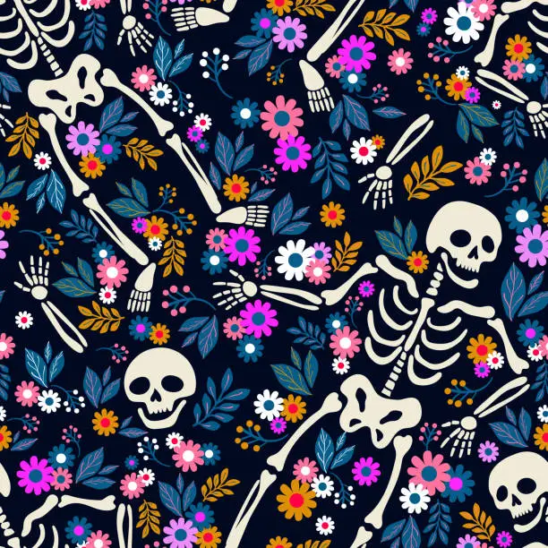 Vector illustration of Seamless pattern with skeletons and colorful flowers around. Vector illustration for Halloween or Day od Dead.