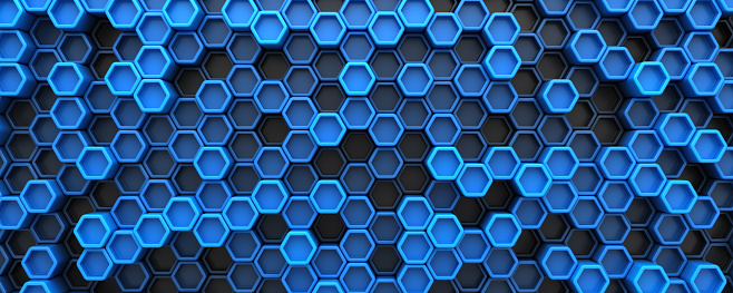 Blue digital technological hexagon shapes background. Global Communications and Big Data technology 3d abstract illustration.