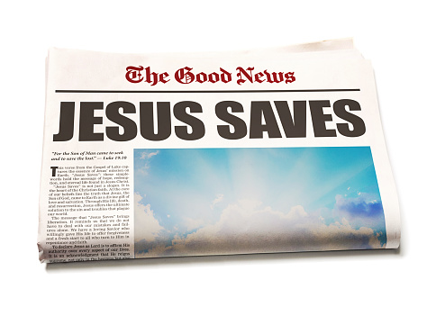 JESUS SAVES, says bold news headline. The story begins with a Bible quote from Luke 19:10, 