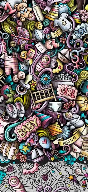 Vector illustration of Baby doodle banner. Cartoon vector detailed background