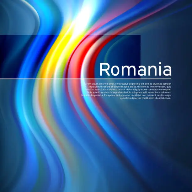 Vector illustration of Romania flag background. Abstract romanian flag in the blue sky. National holiday card design. Business brochure design. State banner, romania poster, patriotic cover, flyer. Vector illustration