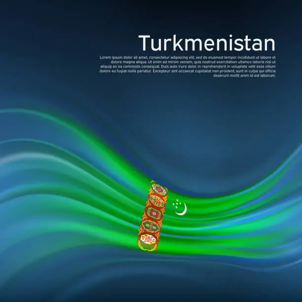 Vector illustration of Turkmenistan flag background. Abstract tajik flag in blue sky. National holiday card design. State banner, turkmenistan poster, patriotic cover, flyer. Business brochure design. Vector illustration