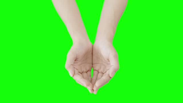 Concept of hope, a pair of hand reaching out for help in front of green screen. A pair of head extending out with gesture of in need.