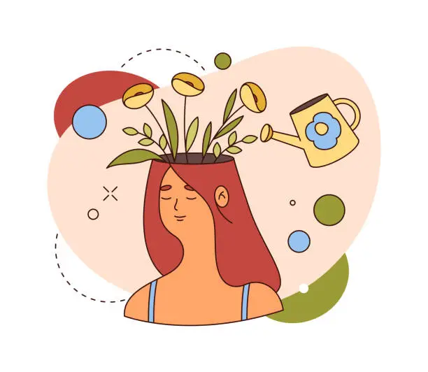 Vector illustration of Mindset growth and mental health care, psychological treatment and therapy sessions for betterment of self cognition and awareness. Vector flat cartoon character with positive thoughts