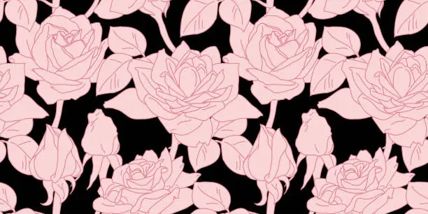 Vector illustration of Rose blossom flower and buds in bloom seamless tile pattern in pink. Hand drawn realistic detailed vector illustration.