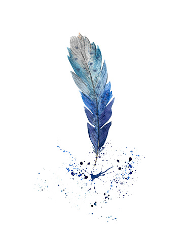 Watercolor illustration of vintage bird feather with ink blots and splashes. Feather pen