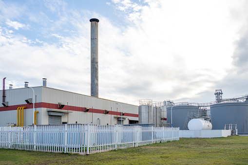 Front view of industrial factory buildings