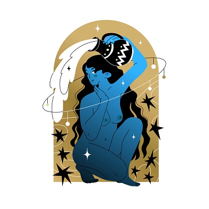 A naked girl holds a jug over her head. Water pours out of the jug. Astrological illustration concept. Design for tarot cards and horoscope compilers. Vector illustration in flat style.