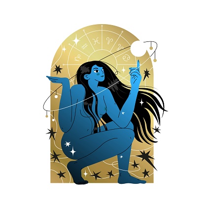 Nude girl surrounded by zodiac signs and stars. Astrological illustration concept. Design for tarot cards and horoscope compilers. Women's naturalness. Vector illustration in flat style.