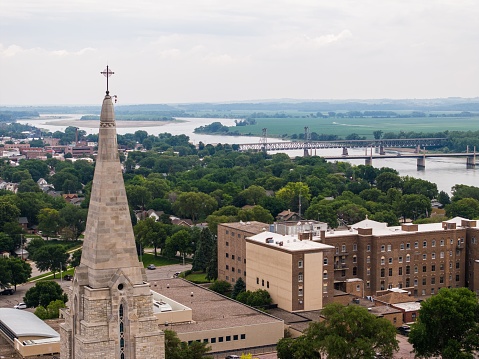 An aerial view of a cathedral near the Missouri river in Yankton, South Dakota