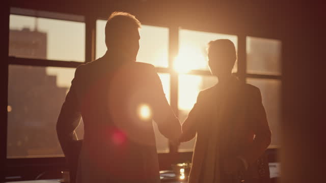 Business people, partnership and handshake in office at sunset for meeting, deal or welcome to company. Shaking hands, collaboration and senior managers with b2b agreement, acquisition and lens flare