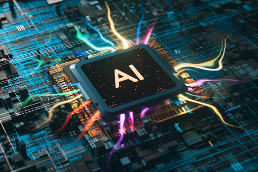 A generative artificial intelligence cpu that emits colorful light, 3d rendering