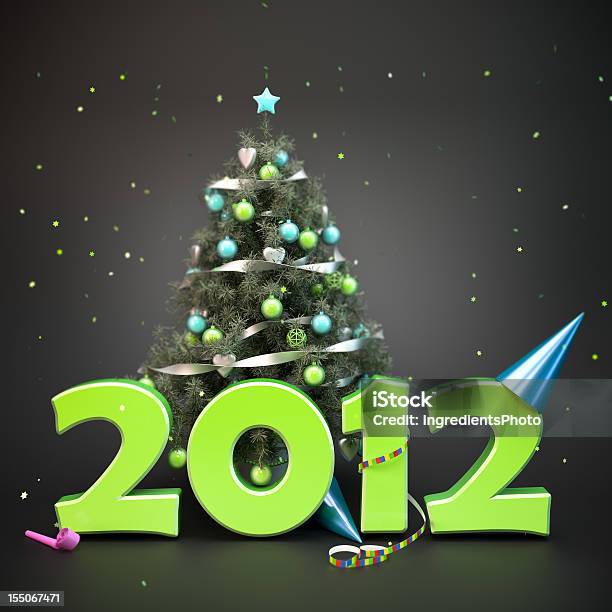 Decorated Christmas Tree And Party Accessories With 2012 Text Stock Photo - Download Image Now