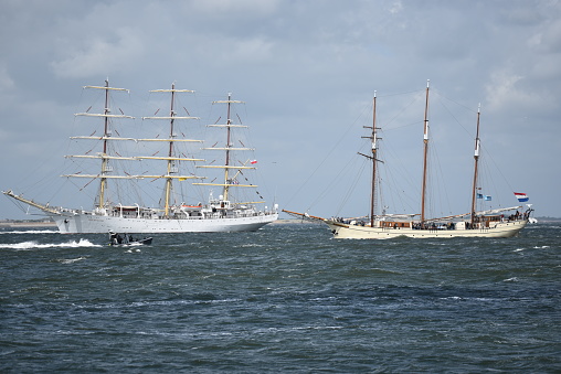 Den Helder, Netherlands. July 2, 2023. Tall ships are leaving the port of Den Helder after nautical event Sail 2023