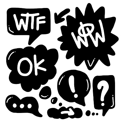 Hand drawn set of speech bubbles with handwritten short phrases ok, wow, wtf on white background.