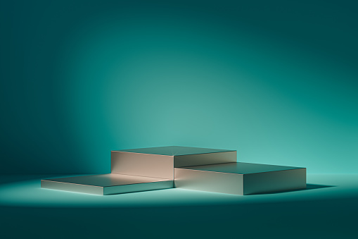 3d presentation pedestal or dais in teal room illuminated by sunlight. 3d rendering of mockup of presentation podium for display or advertising purposes