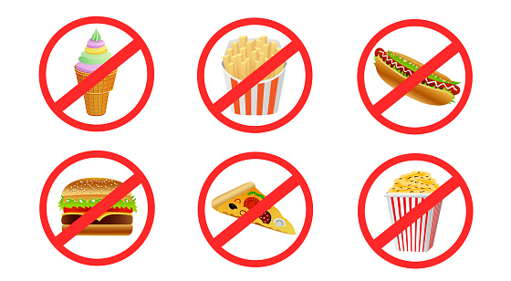 Fast food prohibited sticker sign set isolated on white background. No ice cream, hot dog, burger, popcorn, pizza, crispy fries label symbol collection