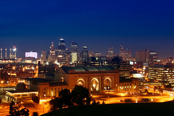 Cityscape of Kansas City illuminated at night stock photo