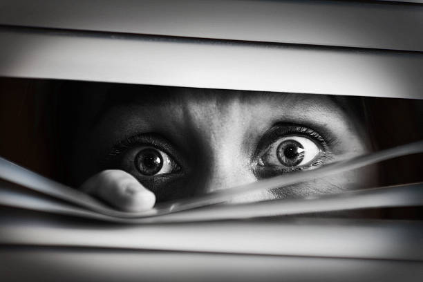 istock Terrified woman peeping through closed venetian blind. Black and White 155069465