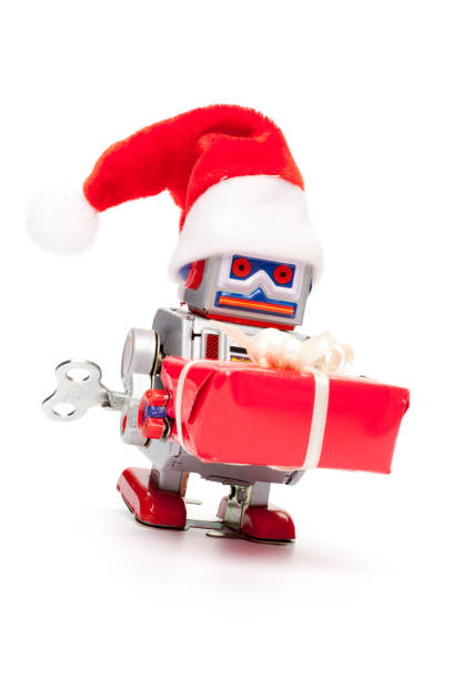 istock Retro tin toy santa robot holding christmas present 155069656