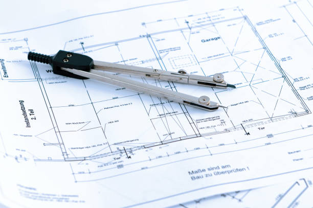 istock blueprint plan of house building with drawing compass 155071168